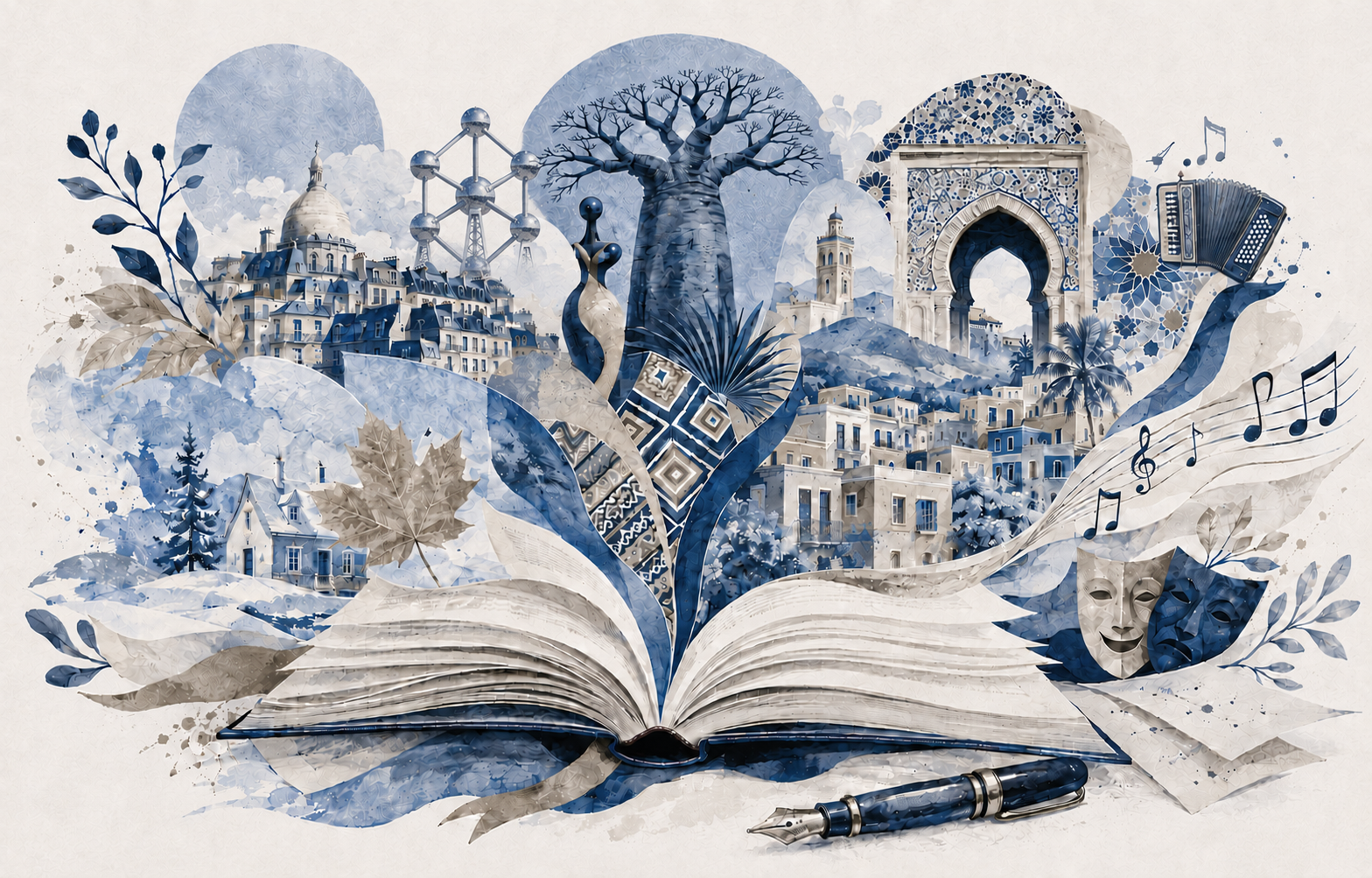Illustrated Francophone literature and arts collage with an Atomium
