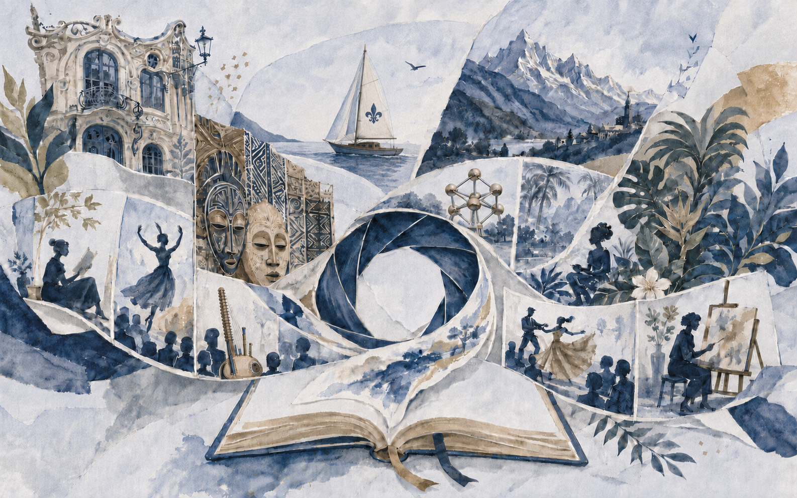 Illustrated Francophone arts collage with an Atomium, a kora and a Québec sailboat