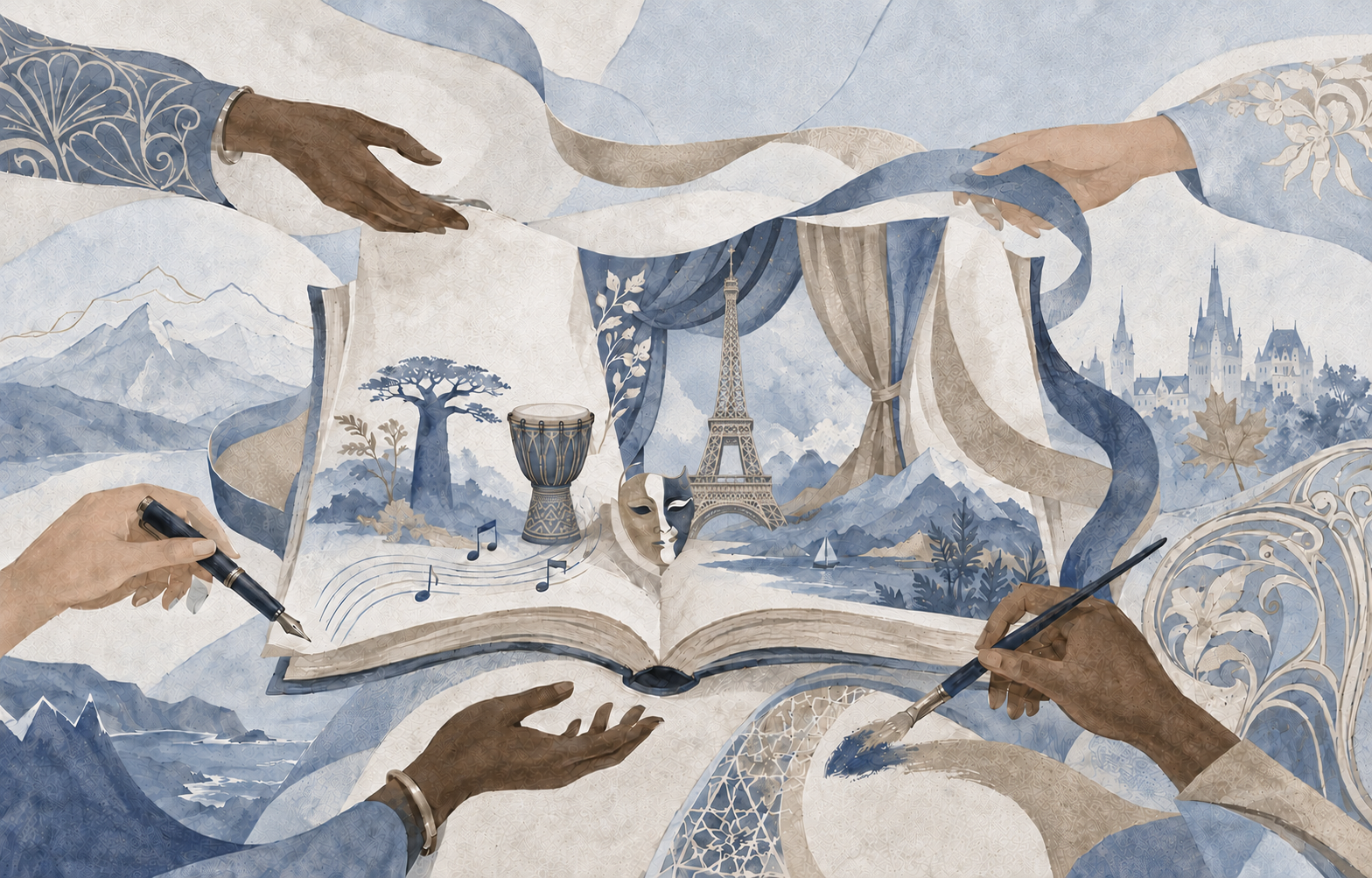 Illustrated Francophone arts partnership collage with the Eiffel Tower and a djembe
