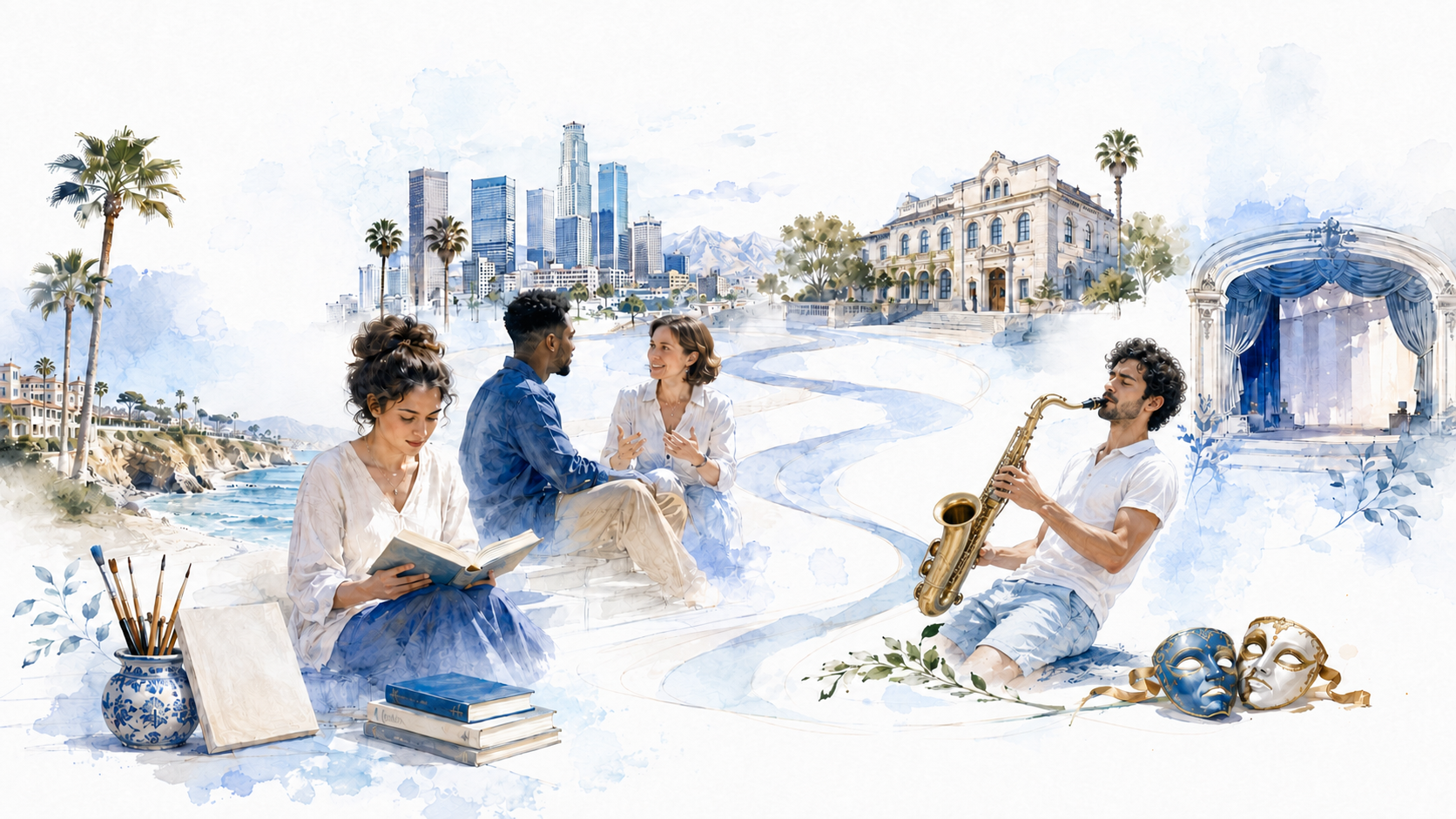 Collage culturel lumineux reliant les lieux du festival en Californie du Sud, avec littérature, peinture, théâtre et saxophone